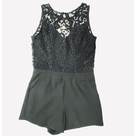TEA & CUP LOS ANGELES Women's Elegant Open Back Romper Medium Black Venice Lace - Picture 2 of 16